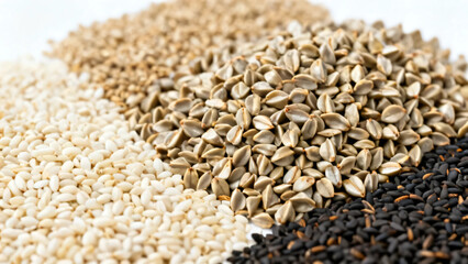 Obraz premium Close-up of various types of seeds and grains, texture background of healthy ingredients