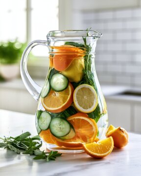 Large glass pitcher filled with infused water, citrus fruits, cucumber slices and fresh herbs, healthy hydration concept