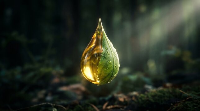 Drop of oil suspended in air turning into green leaf in forest with soft sunlight filtering through trees. Concept of energy transition, decline of the oil industry, decarbonization strategies