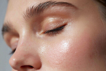 Fototapeta premium Glowing skin close up cheek eyelid eyebrow natural pore dewy finish skin texture healthy skin minimal makeup