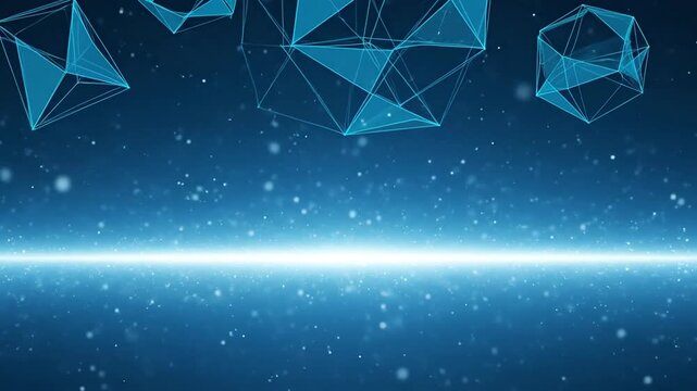Floating blue geometric polygons over a digital horizon line.