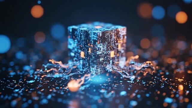Glowing metallic data cube on dark reflective tech surface.