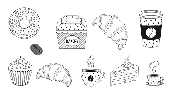 Variety of baked goods and coffee.