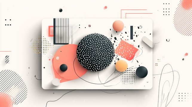 Composition features abstract geometric shapes and textures layered upon a floating rectangular panel