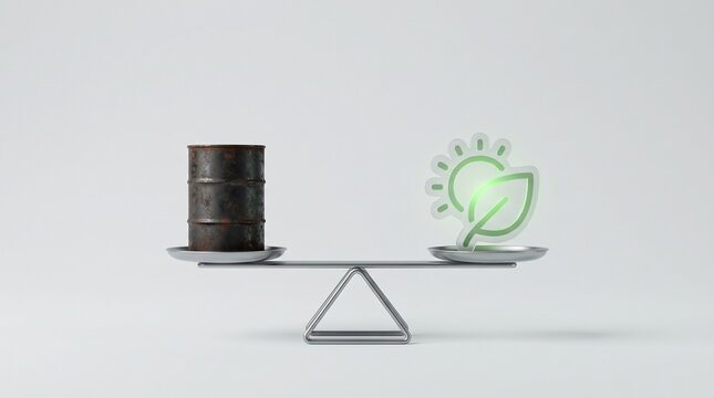 Balance scale with rusty oil barrel on one side and glowing green leaf symbol on the other. Concept of energy transition, decline of the oil industry, decarbonization strategies