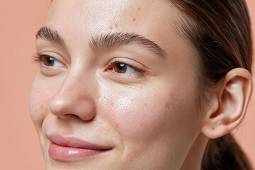 Fototapeta premium Light acne texture forehead soft glow pastel peach skin closeup natural smile clear brown eye