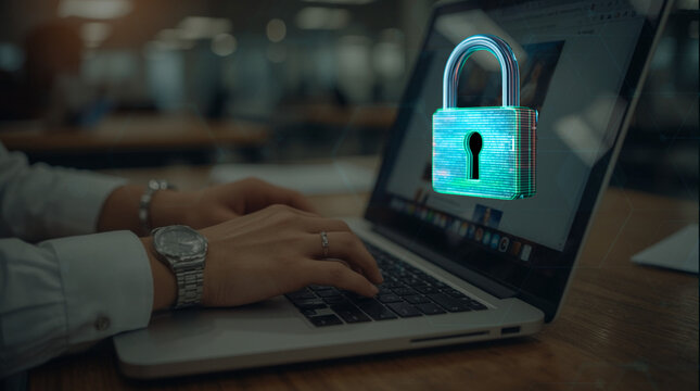 titolo e parole  chiave divise da una virgola16:43Claude ha risposto: Businessman typing on laptop with glowing digital padlock made of binary code, cybersecurity data encryption conceptBusinessma