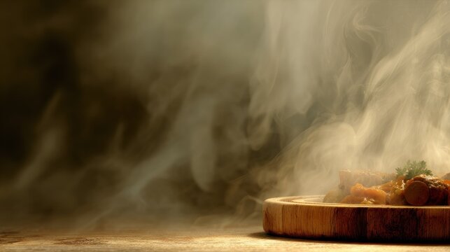 Hot cooked food releases dense white steam above a wooden platter against a dark background