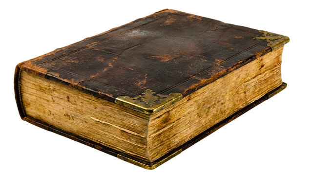 Old antique leather bound book with brass corners, vintage thick bible or journal isolated on white background
