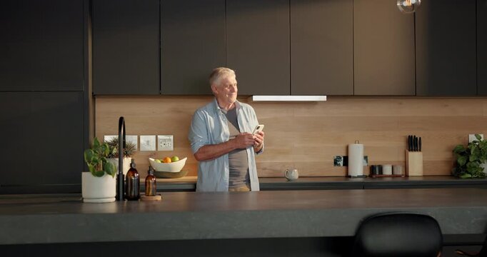 Thinking, phone and senior man in kitchen for texting, reading message and social media notification. Home, web chat or old person with mobile for internet search, retirement blog reflection or smile