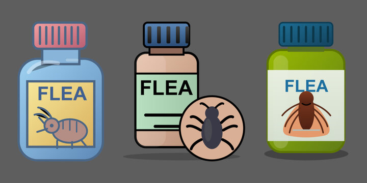 Flea and tick treatment bottles vector illustration pet parasite control medicine bottles set flat design icons of veterinary flea shampoo or prevention