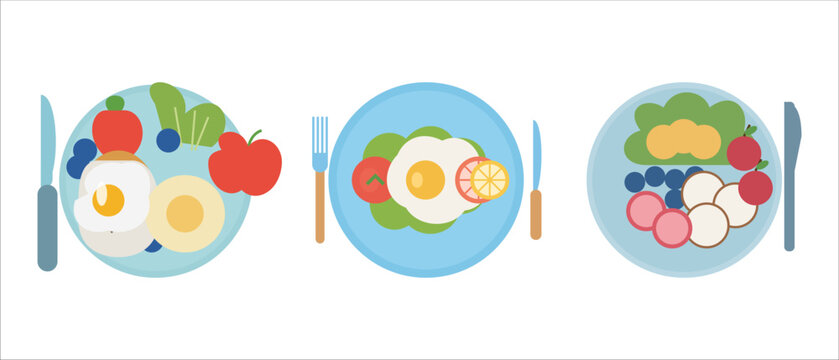 Healthy breakfast and lunch plates with eggs, fruits, and vegetables, flat design illustration