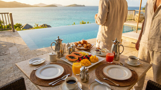 Desayuno de lujo con vistas al mar en una terraza privada de un resort tropical exclusivo.