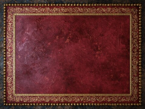 Rich Red Leather Background with Decorative Gold Border and Studs Texture