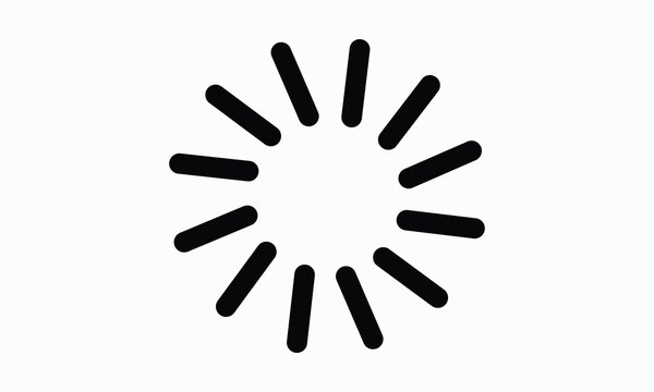 Black loading spinner icon, indicating progress or waiting state, with dashed circular lines rotating around a central point, commonly used in user interfaces, isolated on white background.