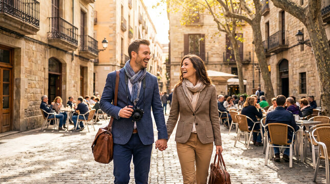 Pareja explorando una ciudad hist&oacute;rica europea durante unas vacaciones urbanas llenas de encanto.