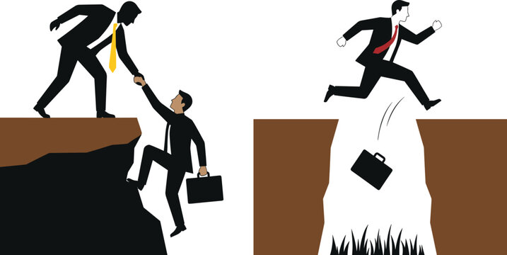 Flat business challenge vector illustration pack with teamwork rescue and jumping chasm concepts