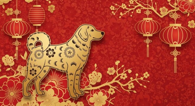 A golden dog on a red background with chinese lanterns illustration