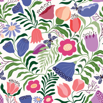 Seamless floral pattern with delicate blossoms and botanical elements, perfect for summer textiles, wallpapers, stationary, decorative backgrounds