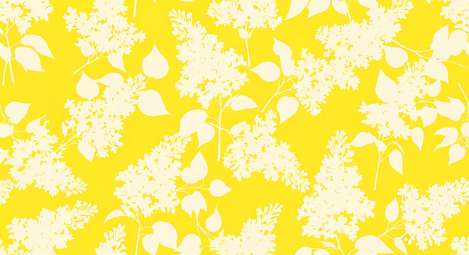 Floral pattern background with white lilac flower silhouettes on bright yellow background botanical seamless wallpaper illustration decorative
