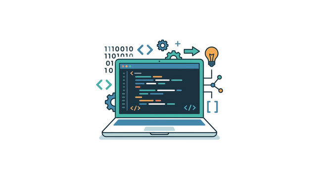 Laptop displaying code with binary and programming icons, representing software development and ideas.
