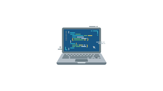 Laptop displaying programming code on screen, vector illustration, coding concept