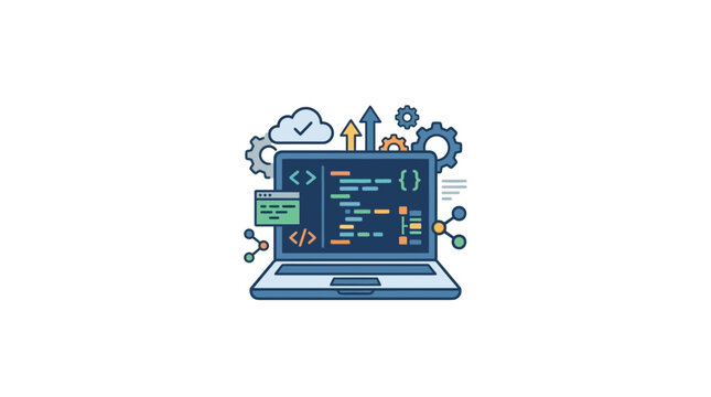 Laptop with Code and Cloud Computing Icons