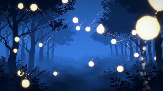 Surreal glowing orb lights drifting forest dusk loop, magical faerie-like lights with trailing glow in blue-violet twilight, dreamy Midsummer folklore footage for fantasy seasonal brand video.