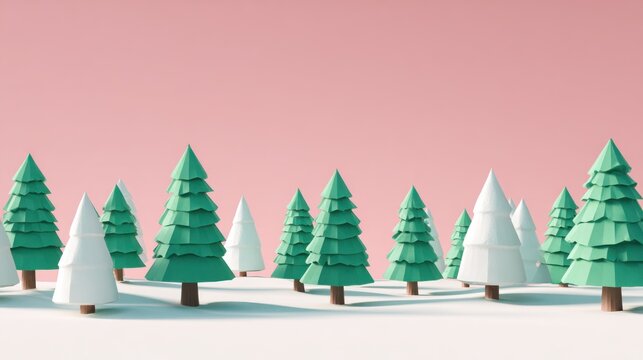 Low polygon stylized evergreen trees stand in a snowy landscape against a solid background color.