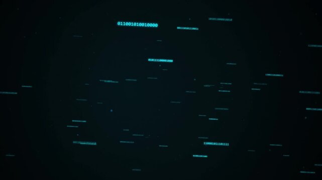 Glowing Cyan Binary Code Digits Floating Through Dark Digital Cyberspace Environment