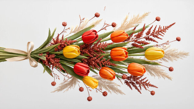 Ramo de tulipanes vibrantes en rojo, naranja y amarillo, con pasto de la pampa y ramas secas, atado con una cinta, sobre fondo gris.