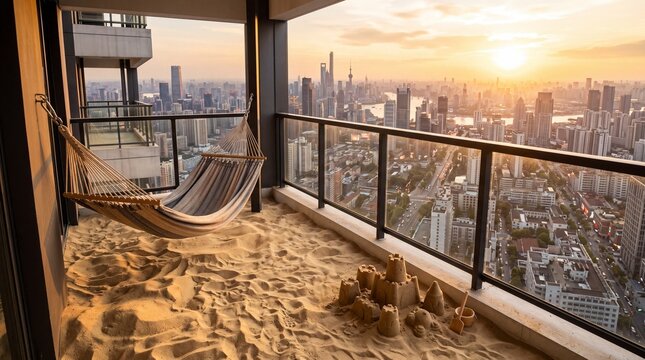 Luxury apartment balcony terrace filled with deep beach sand
