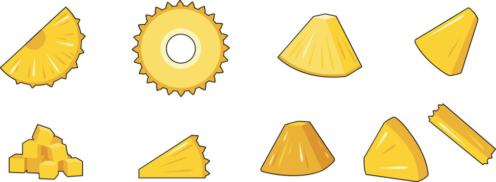 Fresh Canned Pineapple Slice and Piece Vector Icon Set with Rings, Chunks, Tidbits, Crushed Cubes, and Core Strips for Food Packaging and Recipe Infographics