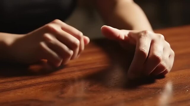 Hands on wooden table surface closeup.