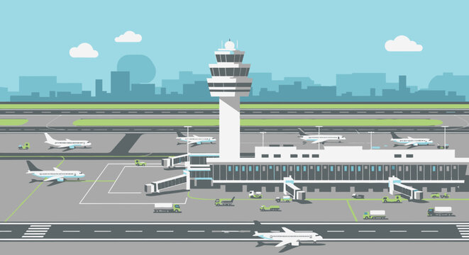 Flat vector illustration of a modern airport terminal with control tower and airplanes on the runway.