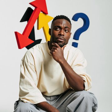 Thoughtful young man with question marks and colored arrows background for decision making poster and banner design