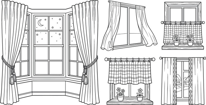 Window and curtains coloring page vector illustration set featuring bay window drapes valance cafe curtains and potted plants on windowsills in outline style.