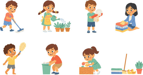 Fototapeta premium Cute Household Chores Kids Vector Character Set with Sweeping, Watering Plants, Washing Dishes, Folding Clothes, and Tidying Toys for Family Responsibility and Parenting Designs