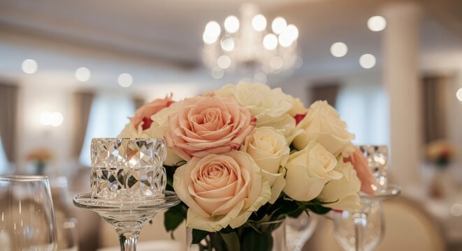 Elegant Pink and Cream Roses Floral Centerpiece on a Decorated Table