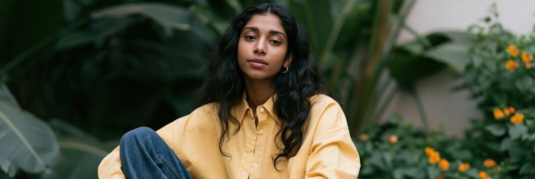 Serene portrait of a young woman in a greenhouse wearing a yellow shirt and denim jeans for lifestyle banner and background design