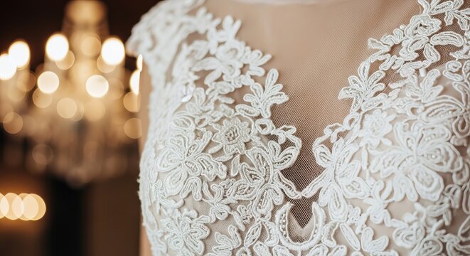 Exquisite close-up view of intricate white lace detailing on a wedding dress bodice