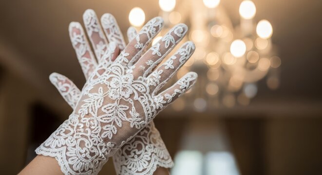 Exquisite white lace bridal gloves with intricate floral patterns for a special wedding occasion