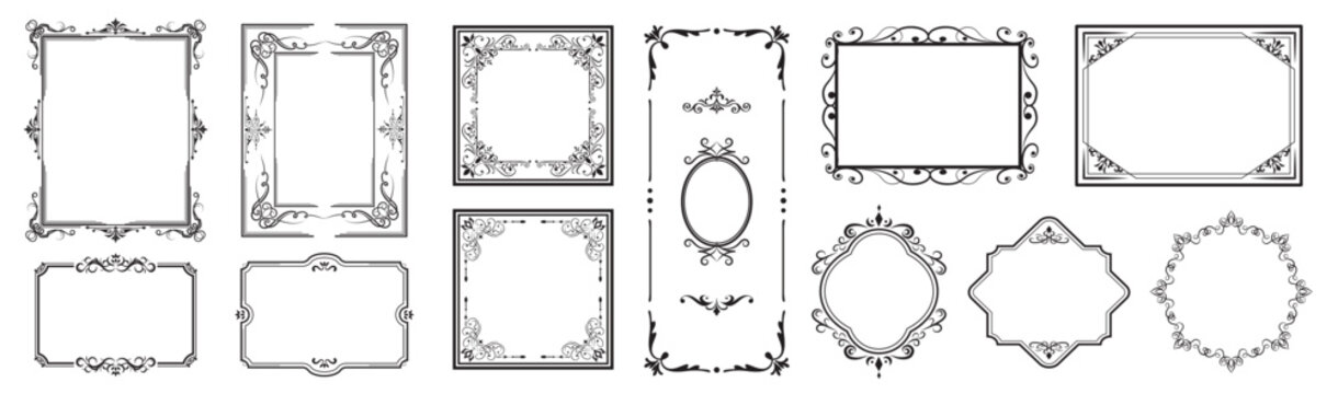 Vintage Ornamental Frame Collection with Elegant Floral Borders Decorative Labels Wedding Invitation Templates and Classic Line Art Vector Set