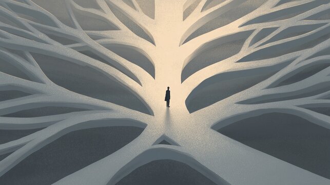 A lone figure stands at a branching crossroads of glowing path, symbolizing decision, isolation and destiny.