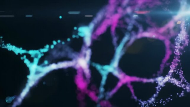 A hyper-realistic video dolly-ins on luminous teal, magenta, violet data streams forming evolving neural networks against an inky black void with soft bokeh and iridescent flares, symbolizing future