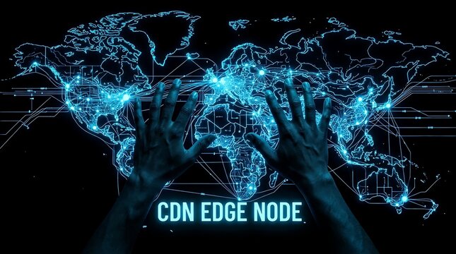 Global CDN Edge Node network connectivity concept with digital map.