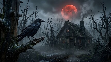 Fototapeta premium Spooky digital illustration of a black crow perched on a tree trunk near an old wooden house under a glowing red blood moon in a dark forest