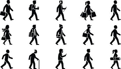 Fototapeta premium Set of walking people silhouettes in various activities and occupations.