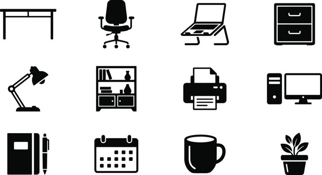 Set of twelve black and white office workplace equipment icons.