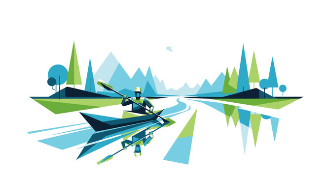 Colorful geometric landscape with mountain and river illustration.